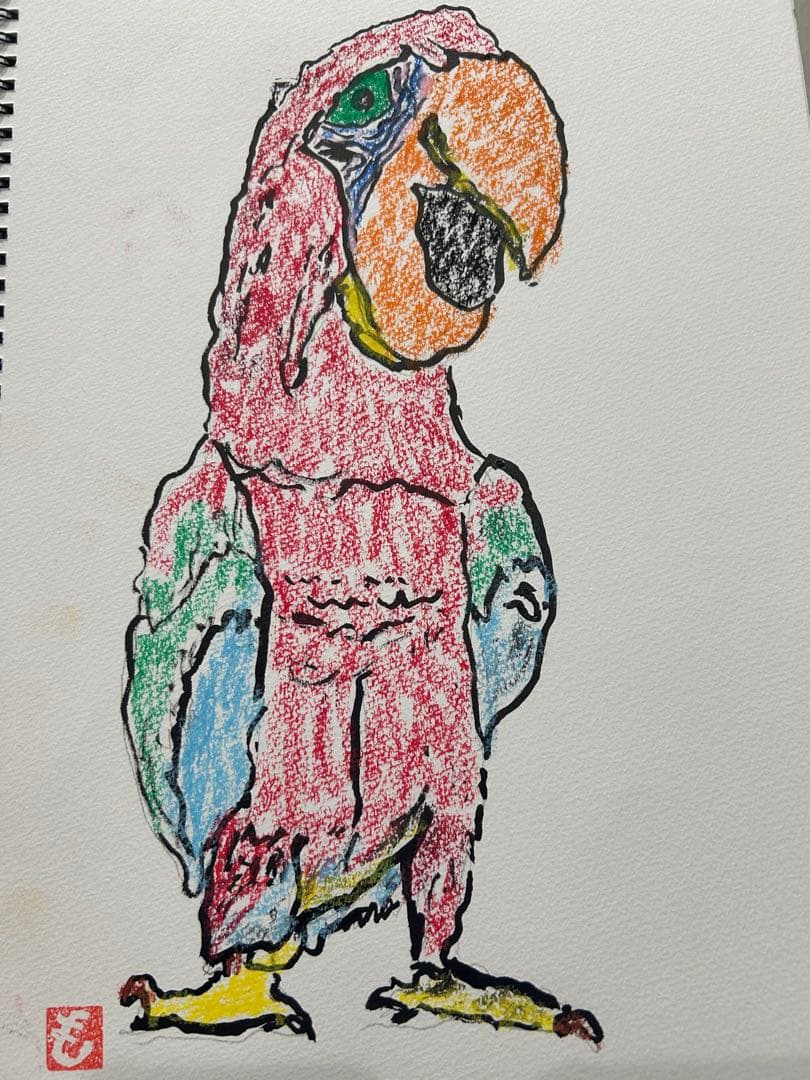 手描きオウムのクレヨン画