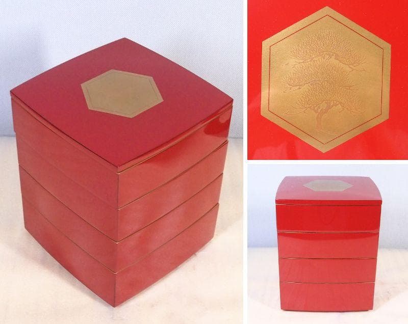 【極美品】輪島塗 わじま慶塚 朱塗金縁 屠蘇器 五つ揃/銘々皿/四段重箱 漆器