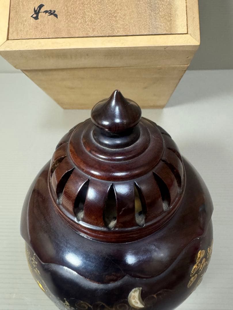 2164 雲龍作　本紫壇 金蒔絵 鳳凰　山水之図　香炉