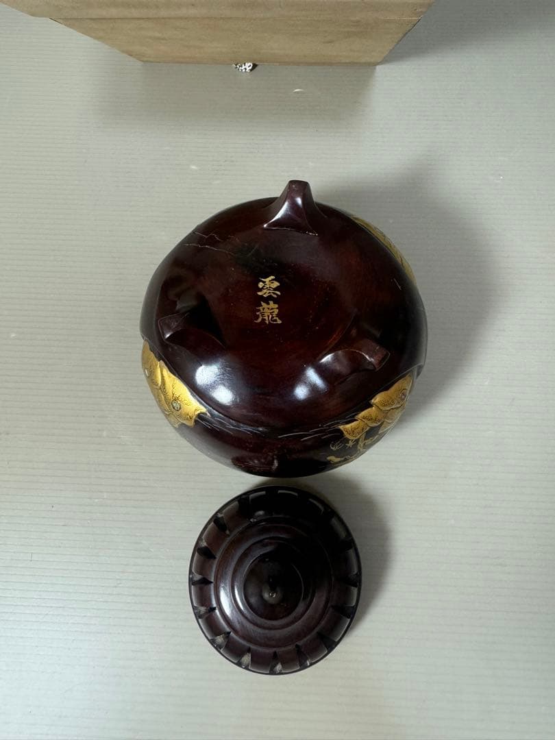 2164 雲龍作　本紫壇 金蒔絵 鳳凰　山水之図　香炉
