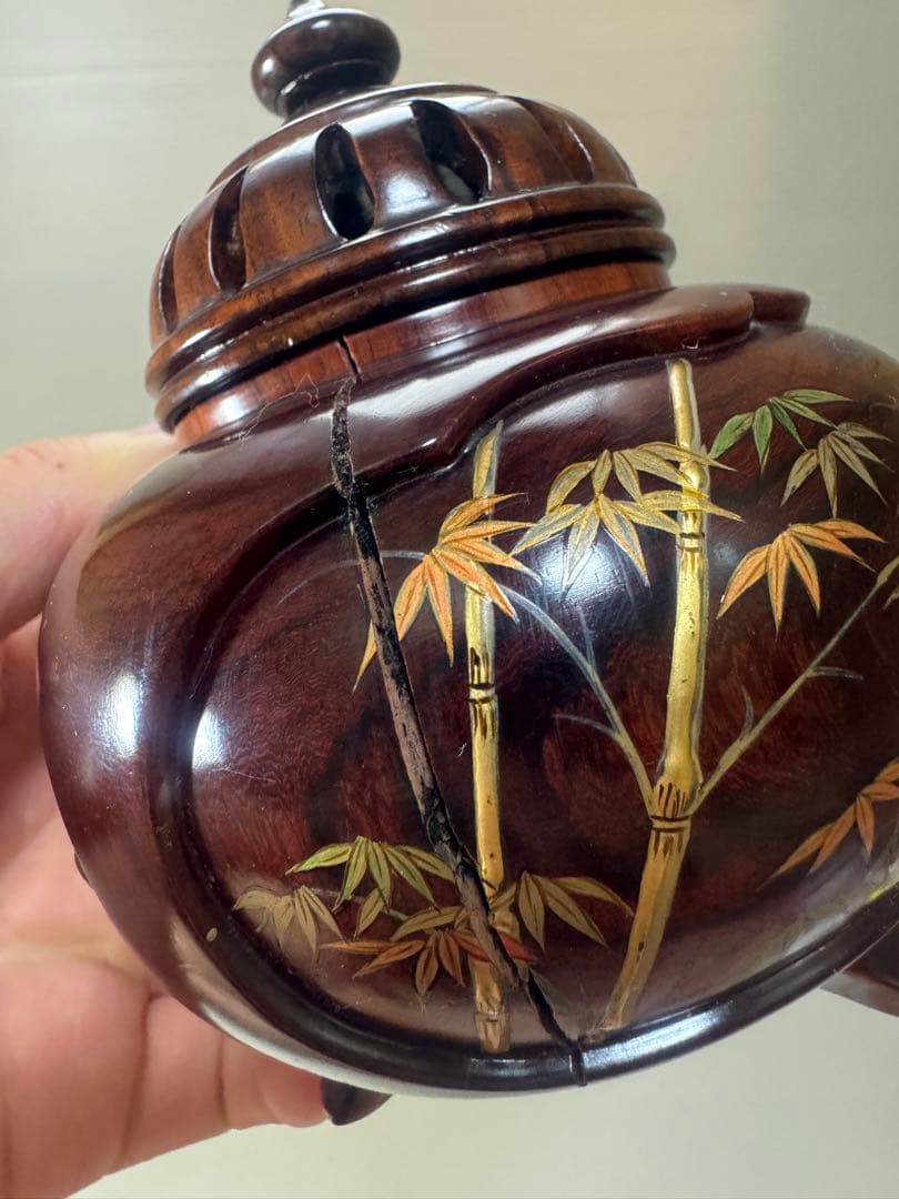 2164 雲龍作　本紫壇 金蒔絵 鳳凰　山水之図　香炉