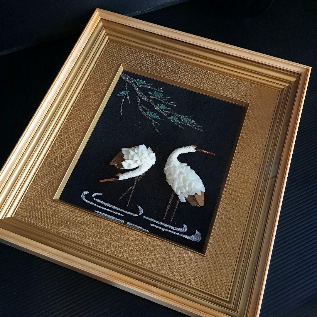 【伝統美術工芸】 貴石画 宝石画 夫婦鶴 縁起物 アンティーク フレーム付