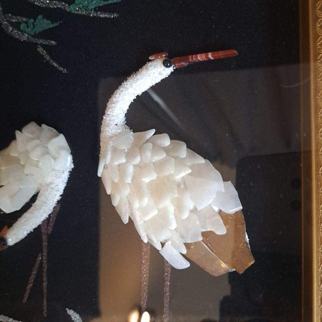 【伝統美術工芸】 貴石画 宝石画 夫婦鶴 縁起物 アンティーク フレーム付