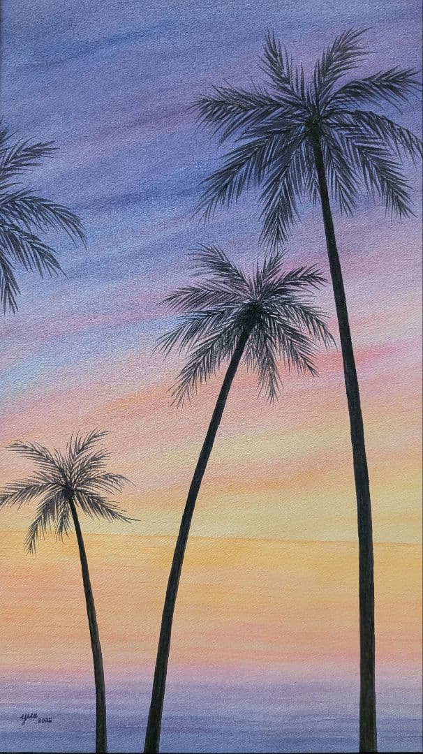 癒しの水彩画　南国の夕暮れ