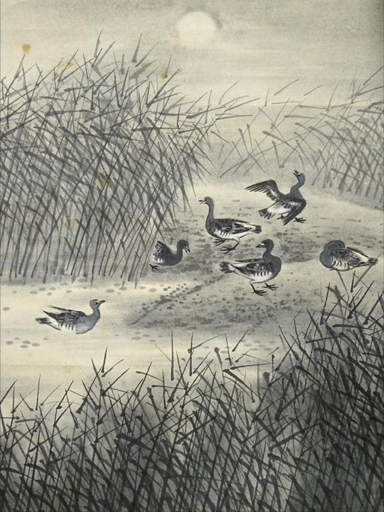 【真作】掛軸 河野華崖『湖畔夕月』紙本 肉筆 共箱付 掛け軸 p03133