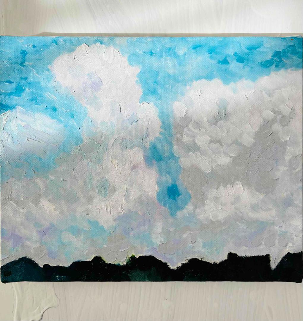 彩画　原画「民家とジャイアントクラウド」　絵画 22×27㎝ F3　キャンバス