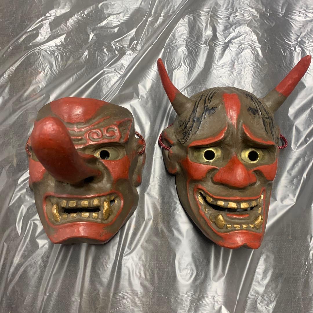 希少 美品 古い御面セット　鬼の面　天狗の面　般若 陶器 骨董品 日本伝統