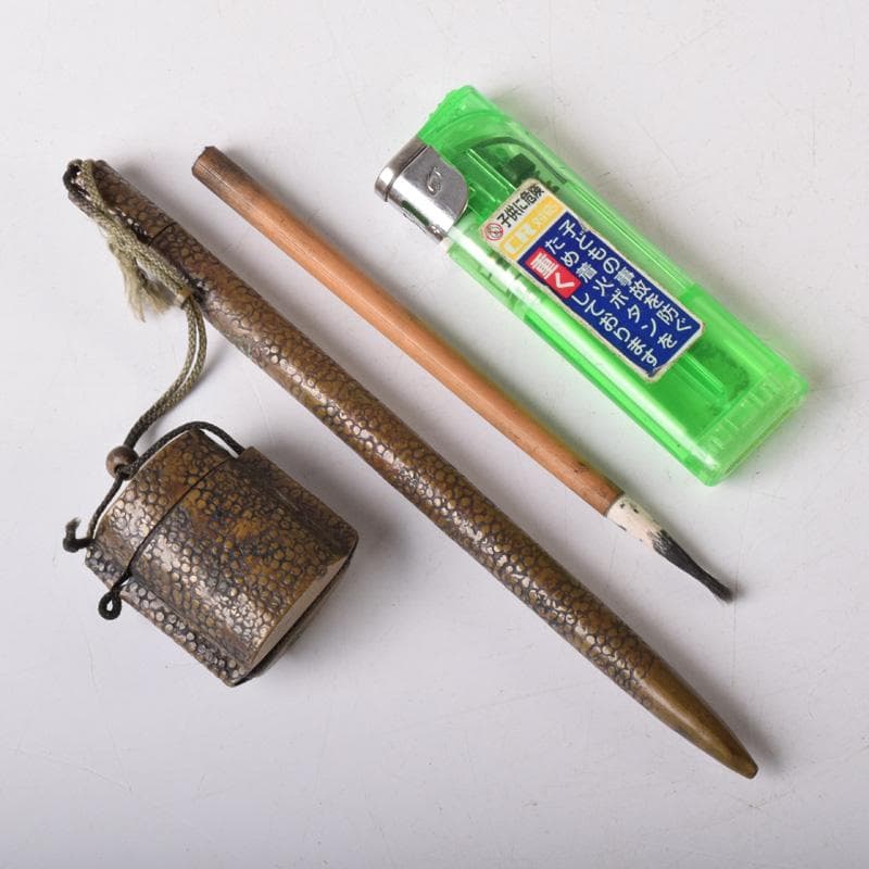 みみみ　時代提げ物　書道具　黄銅鎚目　矢立　筆　筆入　墨壺　C　7518