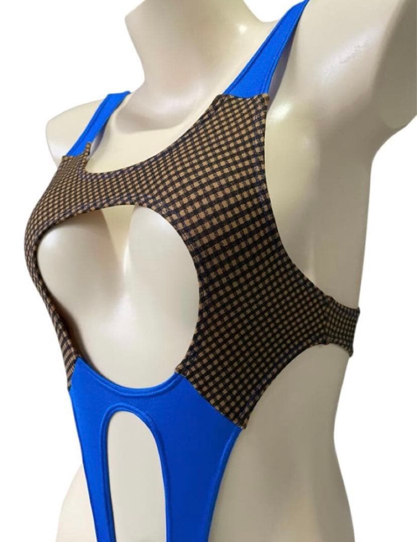 レオタード　ハイレグ　穴あき　くるみ格子×パールブルー