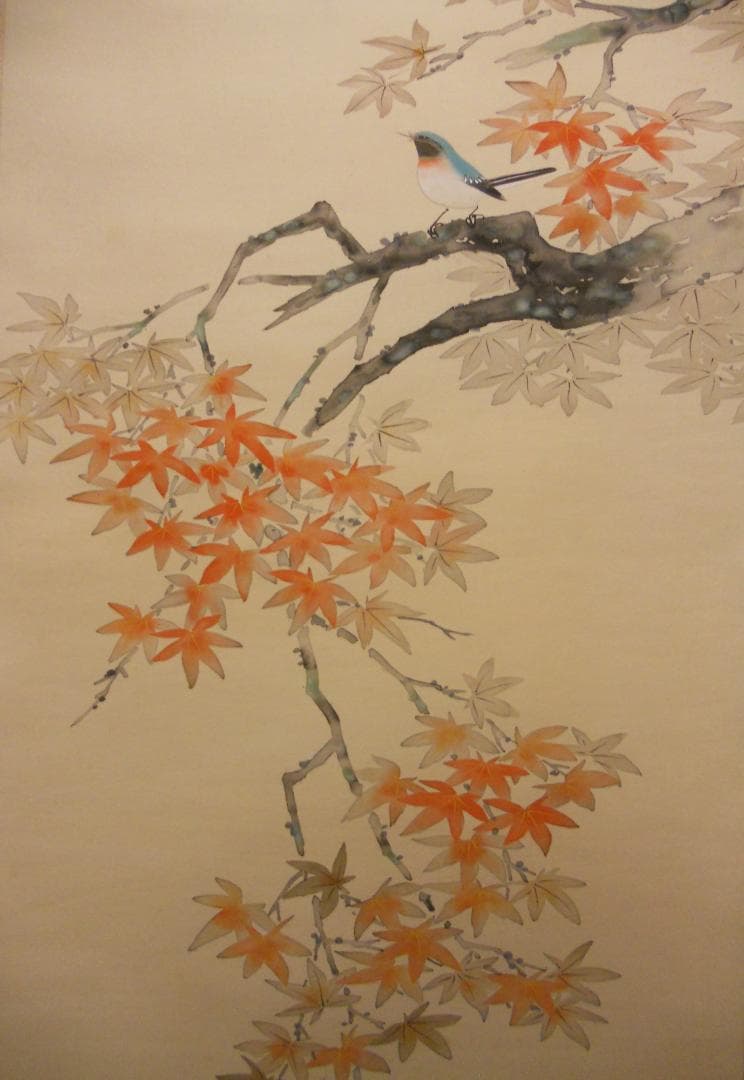 掛け軸 久芳白映 作 『 紅葉 』 絹本 希少 軸装 茶道具 掛軸 美品 です。