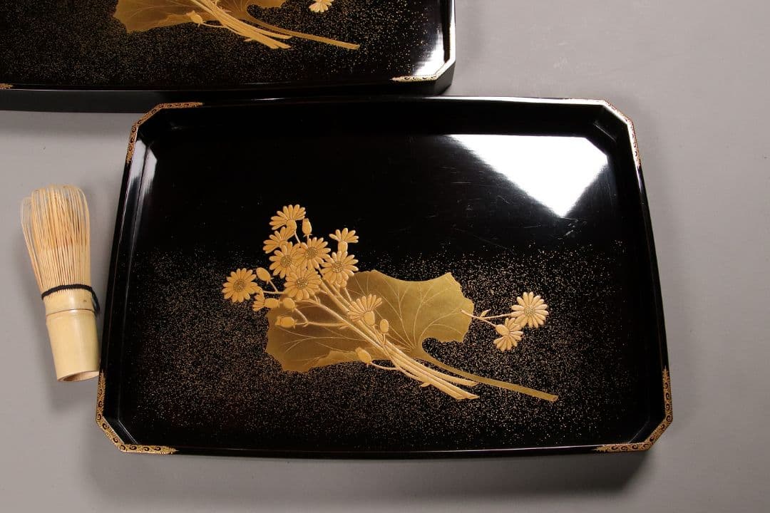 MA6 木製漆器 草花金蒔絵 黒塗 長方盆 大小一組 木箱入 切金 梨地 菊