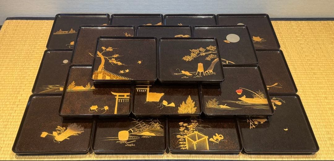 希少 20枚揃 総梨子地 蒔絵 吸物膳 絵替り 吉祥文様 大正〜昭和期 共箱