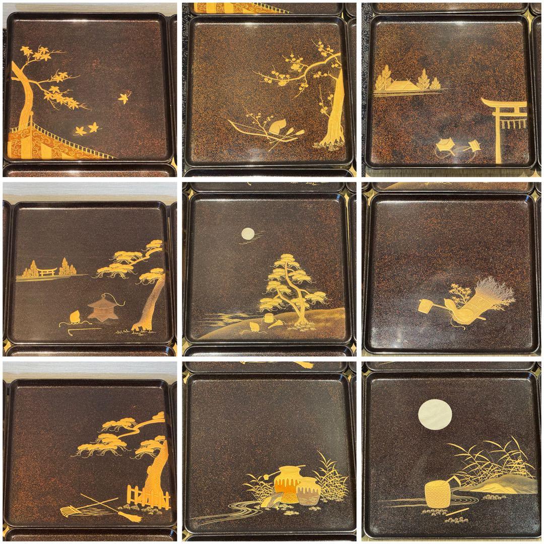 希少 20枚揃 総梨子地 蒔絵 吸物膳 絵替り 吉祥文様 大正〜昭和期 共箱