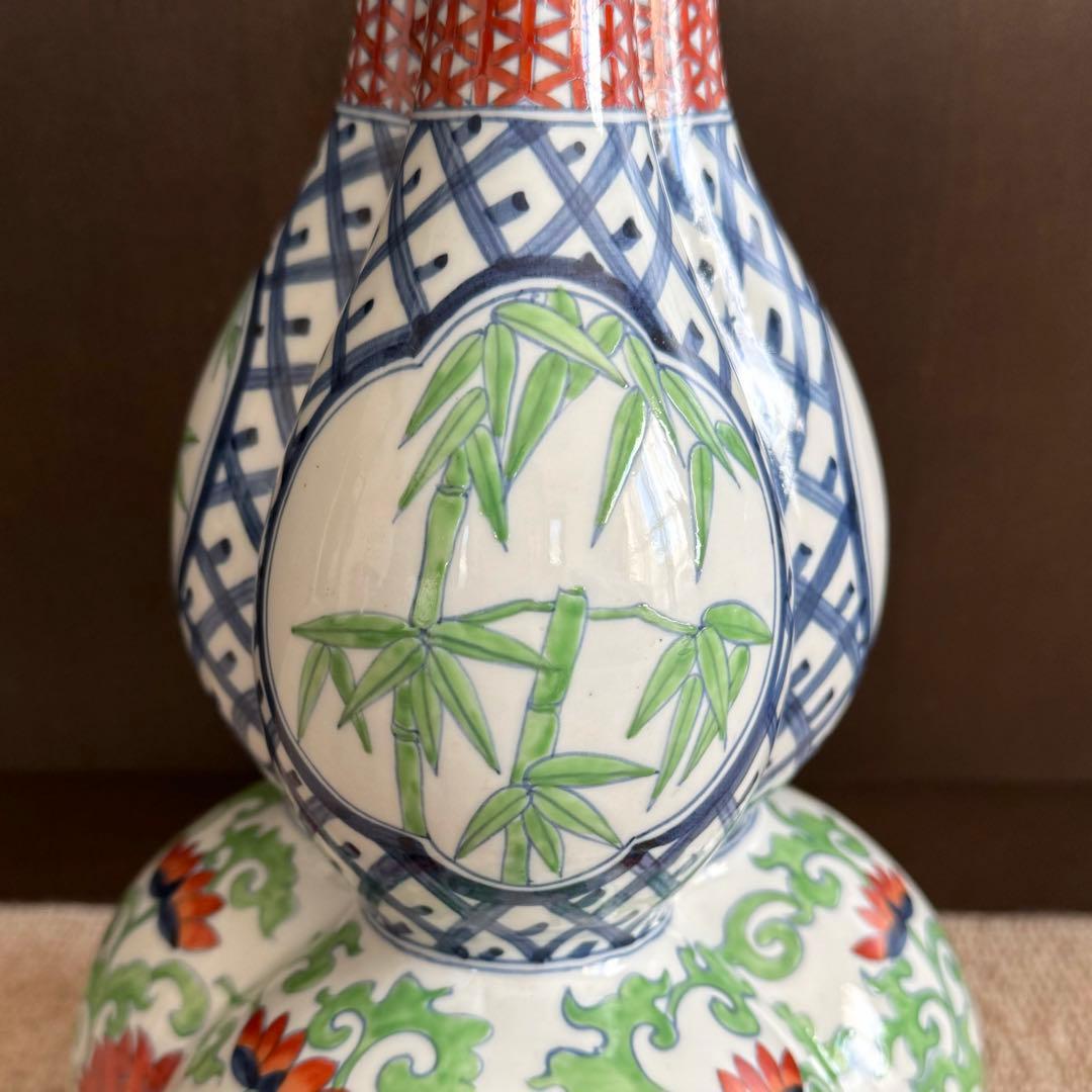 大清雍正年製 瓢箪型花瓶 壺 木製台座付き 粉彩 中国古美術品