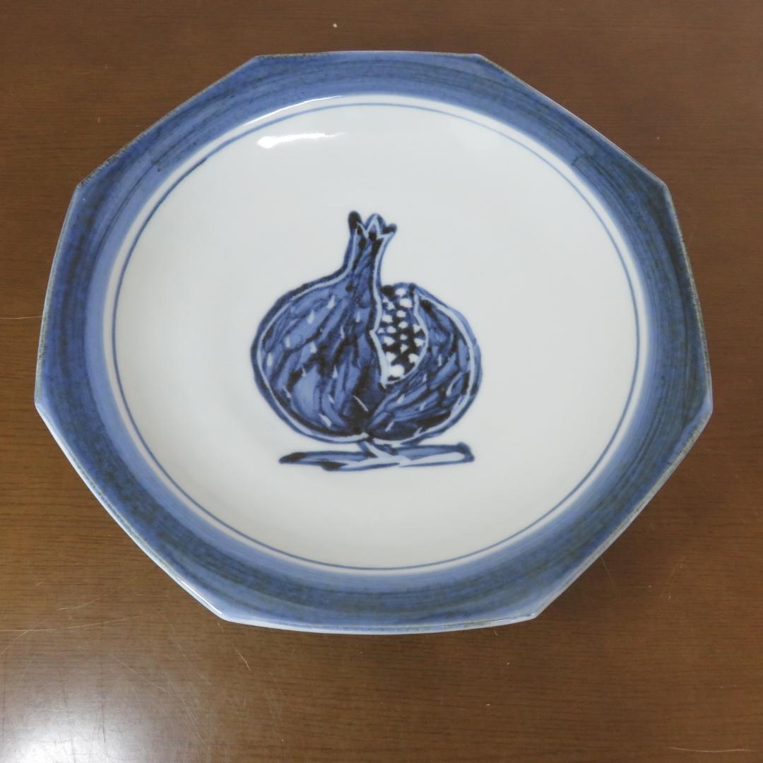 大皿 共箱 果物器 銘 ザクロ 染付 八角皿 鉢