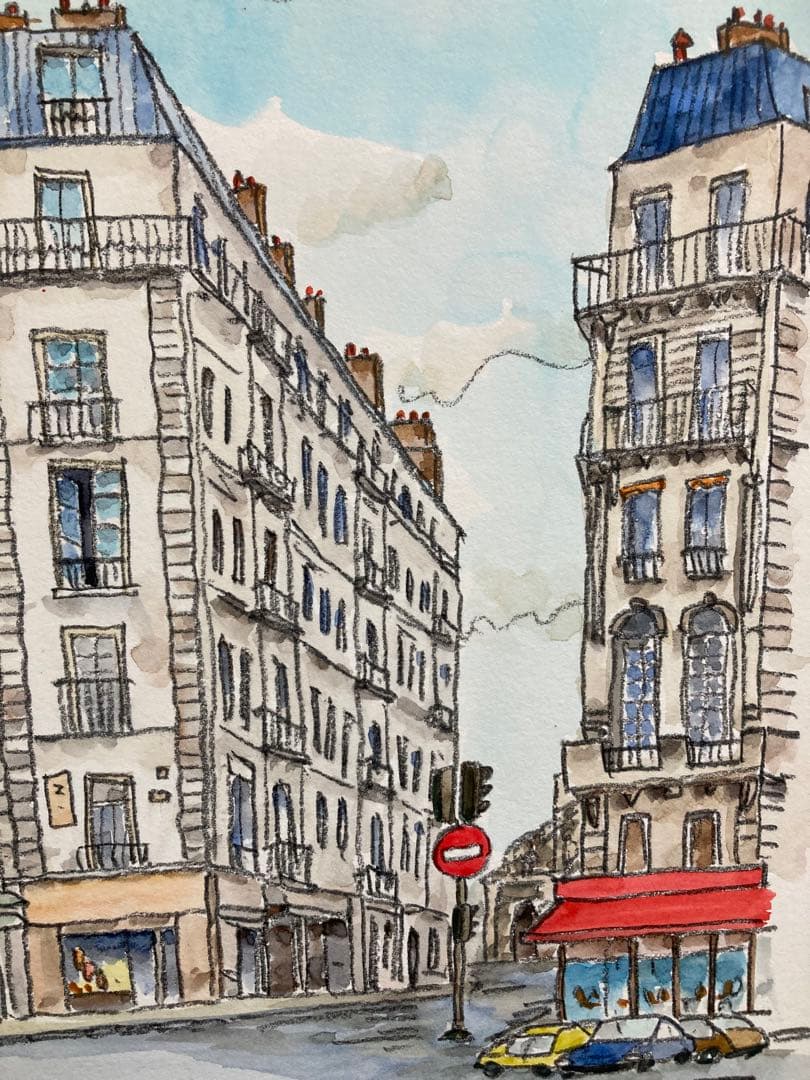 【真作保証】高橋文平「Paris」水彩原画 真筆 直筆サイン 額装品 絵画