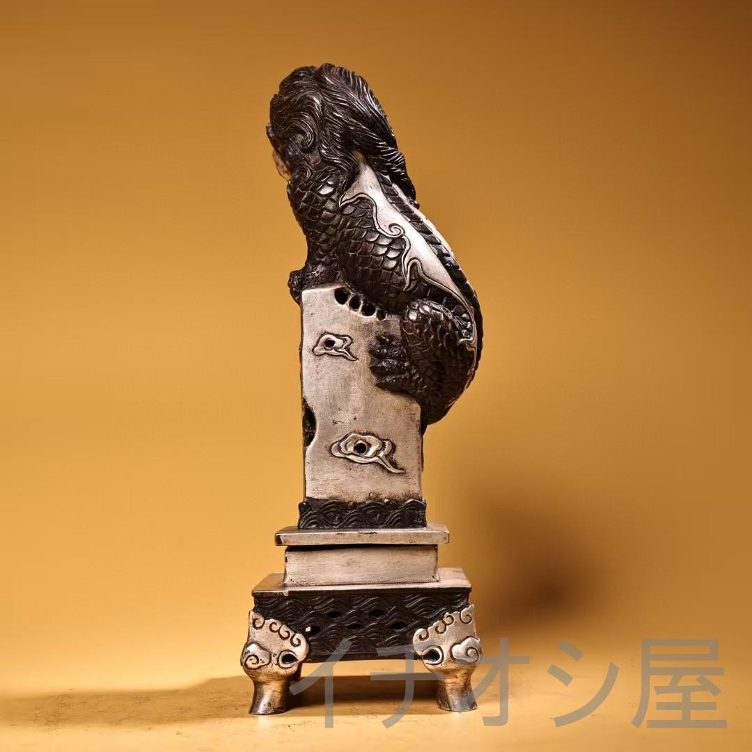 中国古美術 珍品旧蔵 純銅製 錾刻 高浮彫 麒麟 香炉 鎏銀仕上げ 骨董 時代物