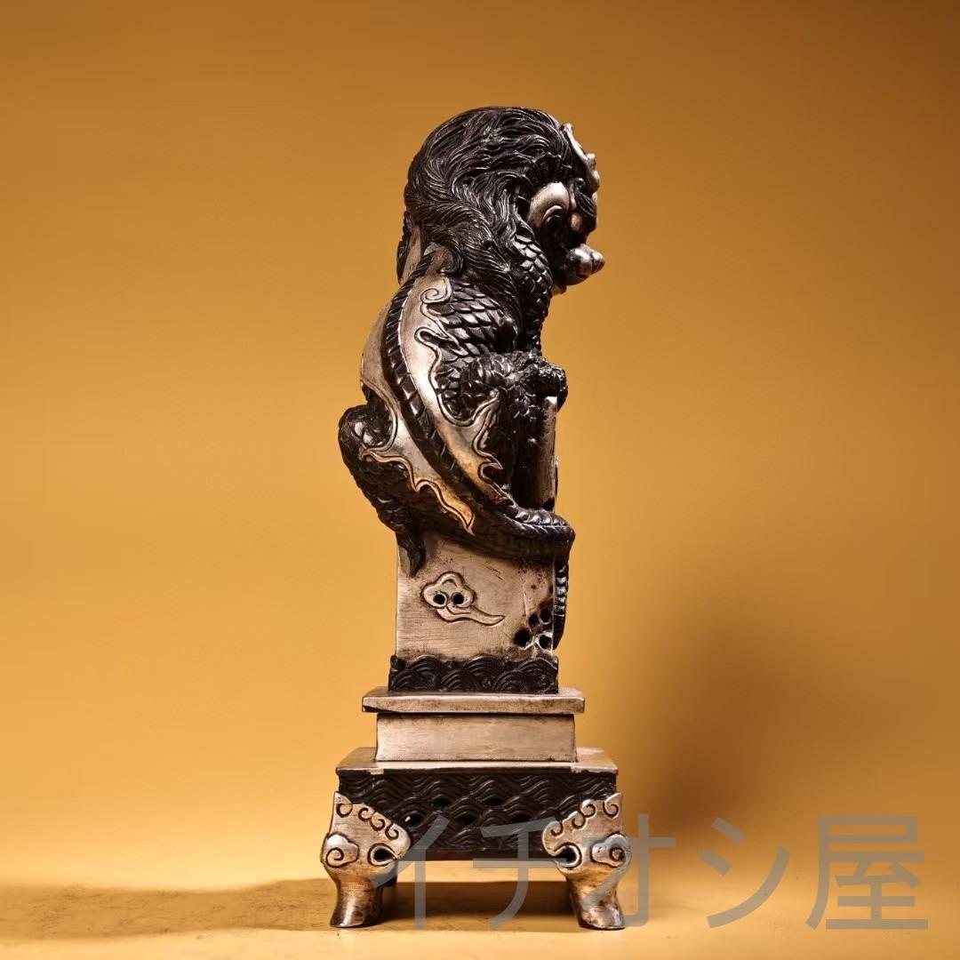 中国古美術 珍品旧蔵 純銅製 錾刻 高浮彫 麒麟 香炉 鎏銀仕上げ 骨董 時代物