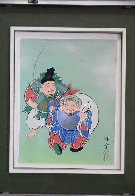 ※古美術/恵比寿·大黒祝い絵/落款:清方/絹本/肉筆/