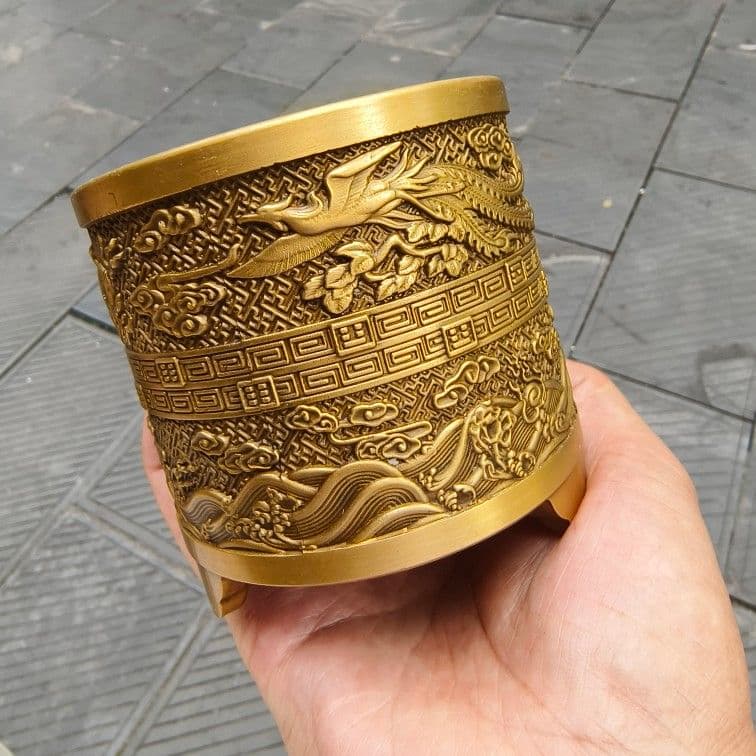 銅 細工 レリーフ三足龍鳳筆筒 筆置 筆棚 書道具 文房具工芸品美術品 置物