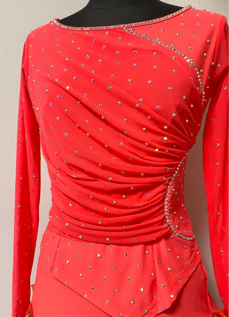 社交ダンス　上下セット　アンサンブル レッスン　オレンジ　蛍光色　フルボリューム