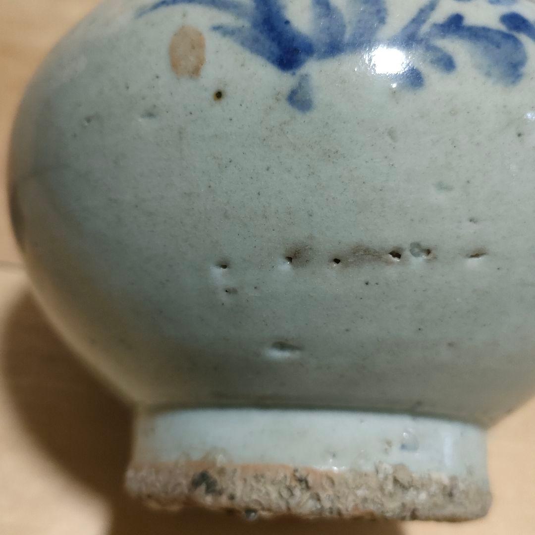 李朝染付壺　草花文　提灯壺　時代物　骨董No.162