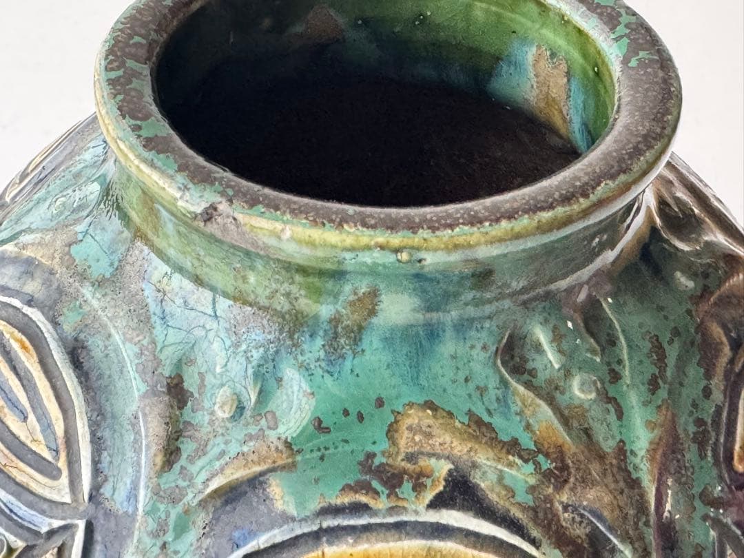 ヴィンテージ 民藝 沖縄県 壺屋焼 花瓶 壺 装飾的な青緑色の陶器 やちむん