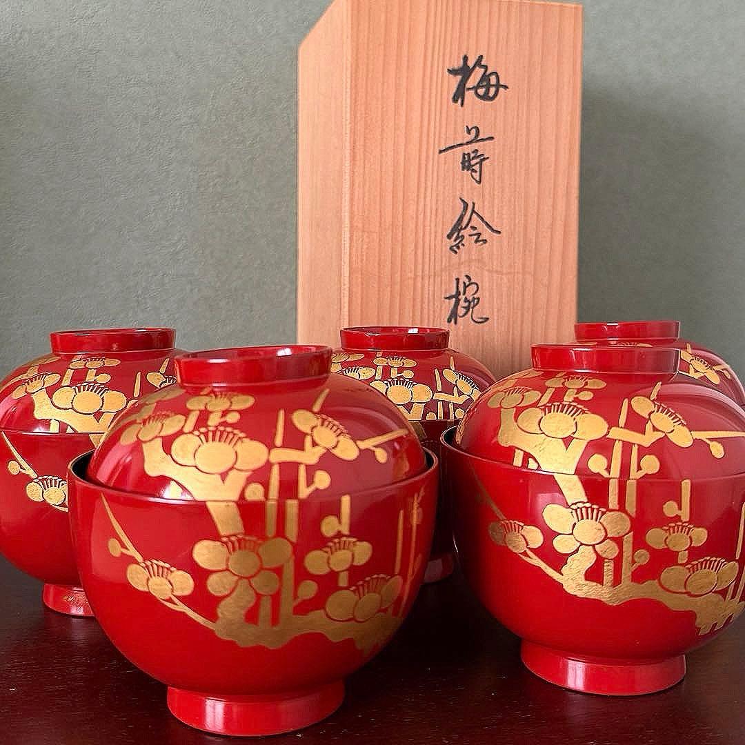【未使用】共箱付 漆器 梅蒔絵 吸物椀 五客揃 理平造 朱塗 金蒔絵 来客用にも