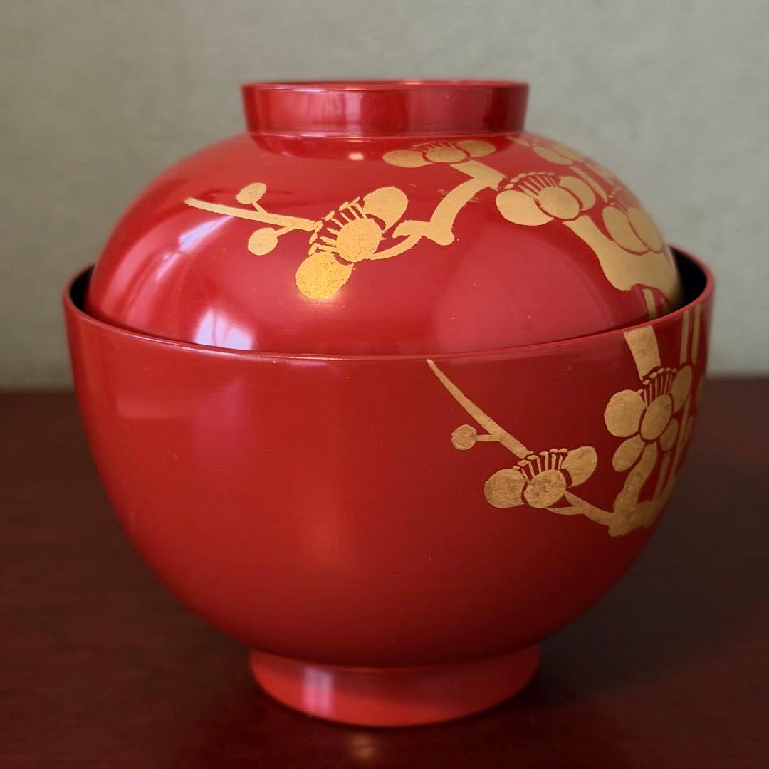 【未使用】共箱付 漆器 梅蒔絵 吸物椀 五客揃 理平造 朱塗 金蒔絵 来客用にも