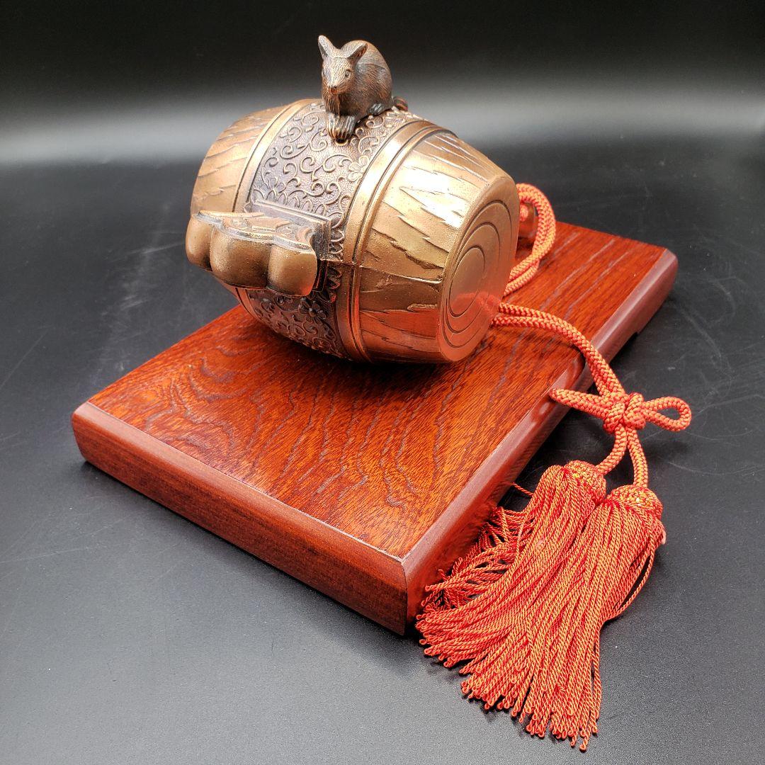 ①金属美術工芸品 子置物 鼠 ネズミ 打出の小槌 銅 工藤健作 玉川工芸