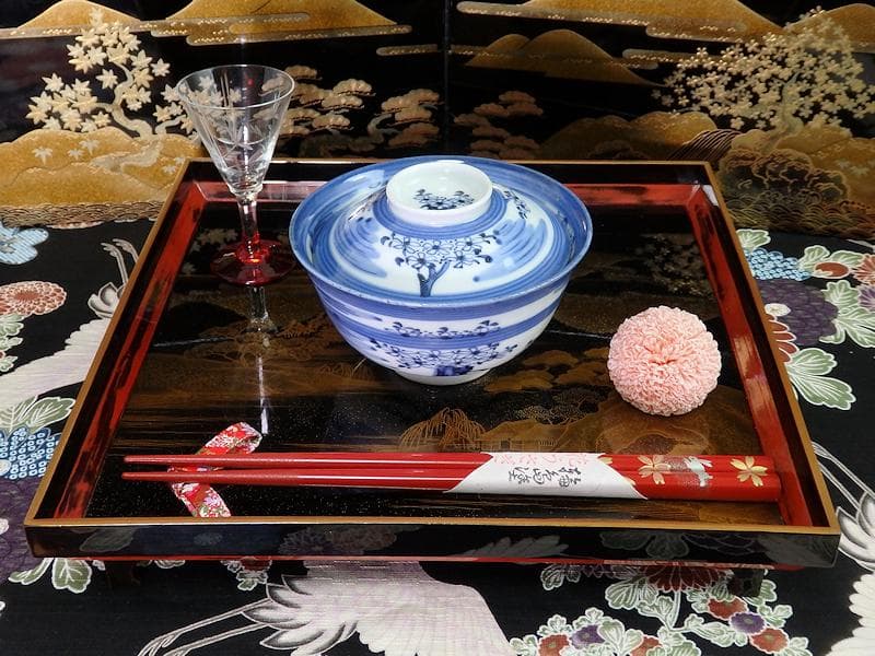 古伊万里　染付　輪線　桜花紋に霞の図　蓋茶碗　E864AS-COh