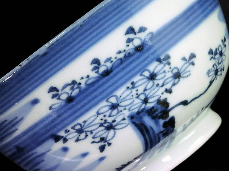 古伊万里　染付　輪線　桜花紋に霞の図　蓋茶碗　E864AS-COh