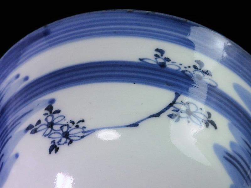 古伊万里　染付　輪線　桜花紋に霞の図　蓋茶碗　E864AS-COh