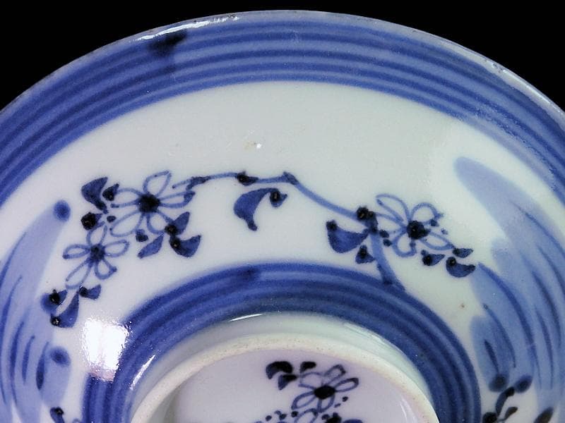 古伊万里　染付　輪線　桜花紋に霞の図　蓋茶碗　E864AS-COh