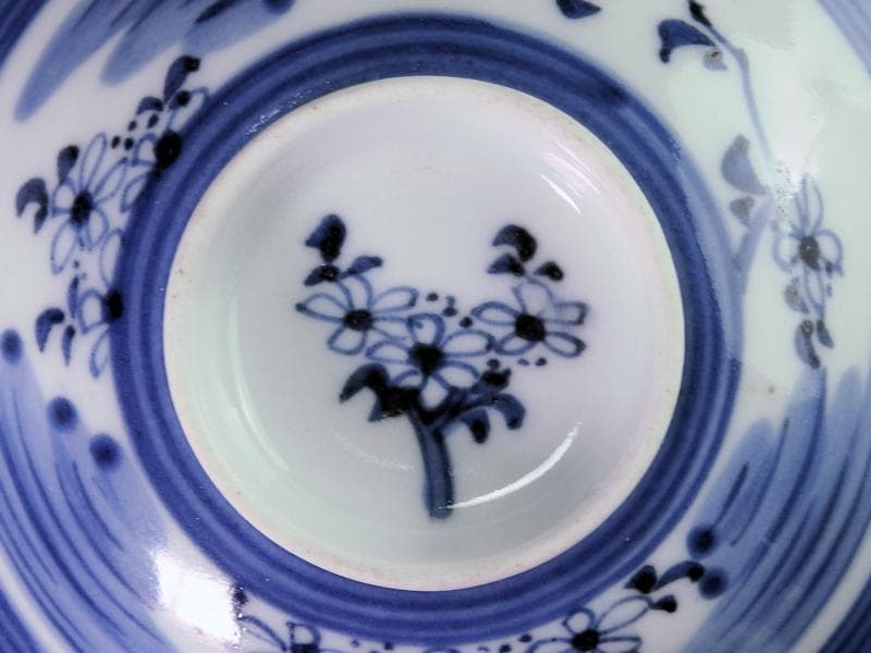 古伊万里　染付　輪線　桜花紋に霞の図　蓋茶碗　E864AS-COh