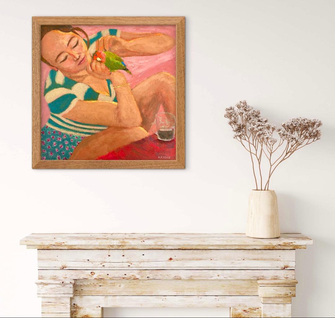 インコと女性 F20 現代アート 油彩画 絵画 人物画