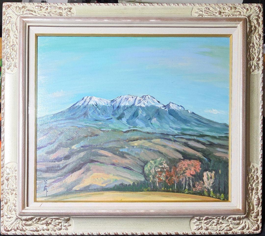 【美品】 肉筆油彩風景画 銀飾額縁フレームつき「御嶽山初雪の情景」10号サイズ