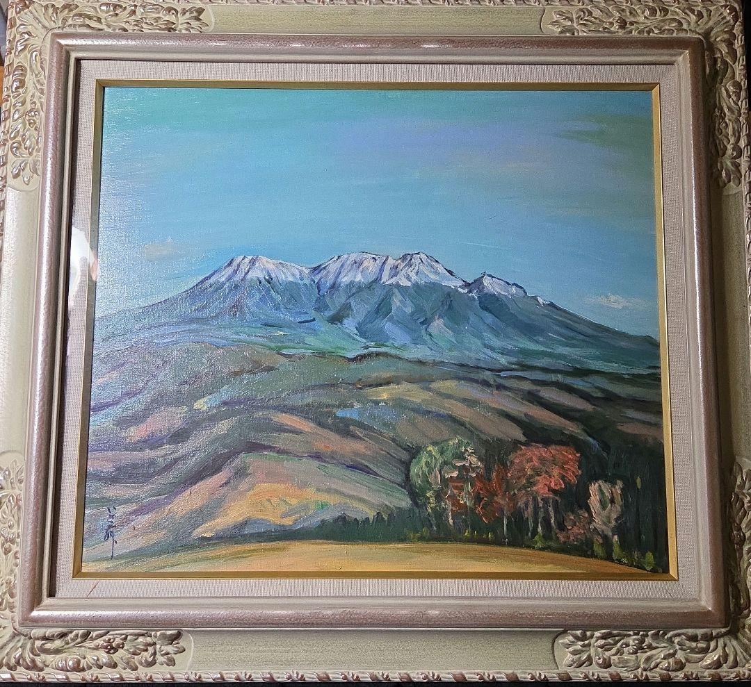【美品】 肉筆油彩風景画 銀飾額縁フレームつき「御嶽山初雪の情景」10号サイズ