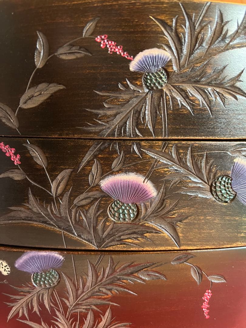 川添日記　重箱　草木彫　漆器