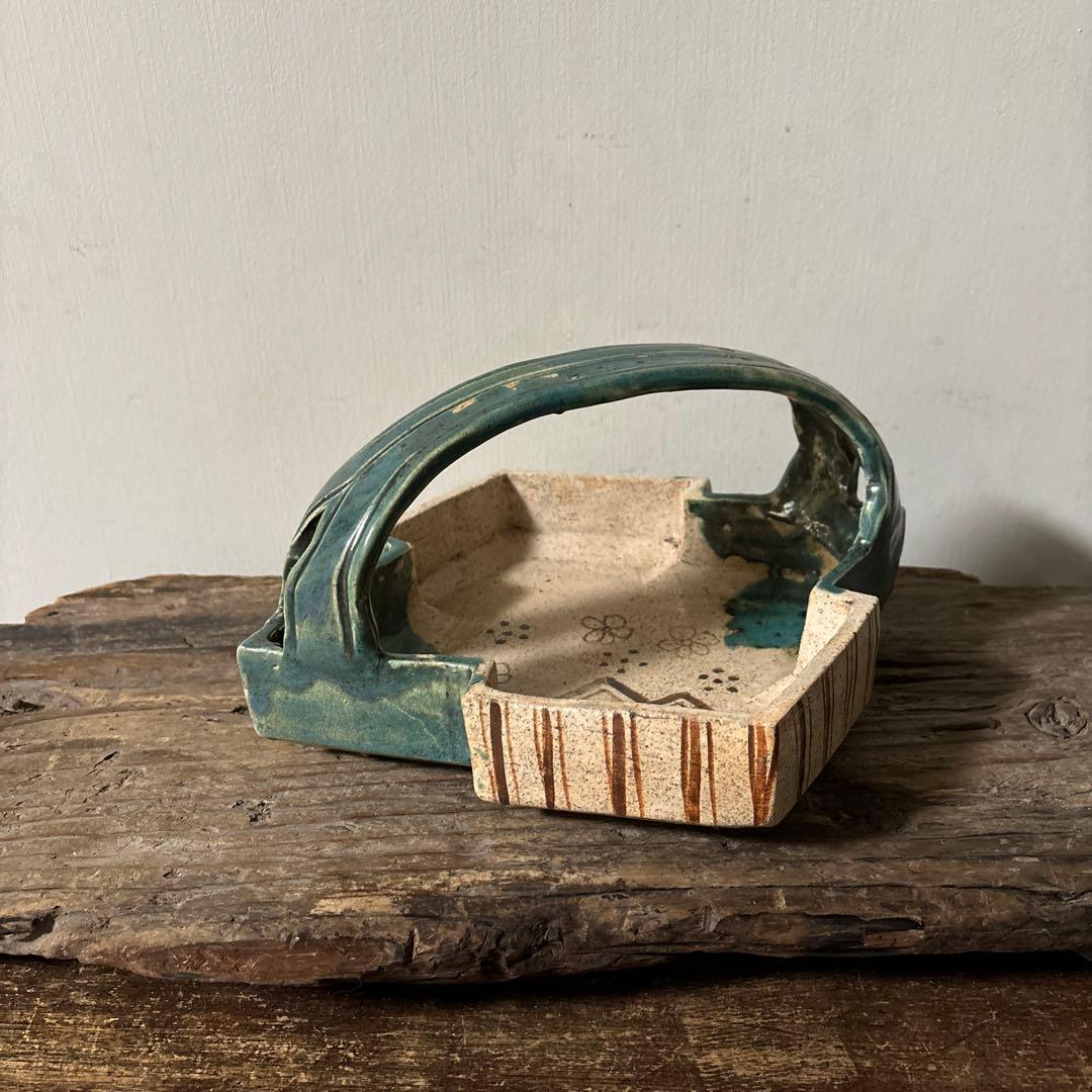 時代　織部松皮菱形手鉢　手付菓子鉢　懐石　瀬戸　志野　古美術　茶道具　検:李朝