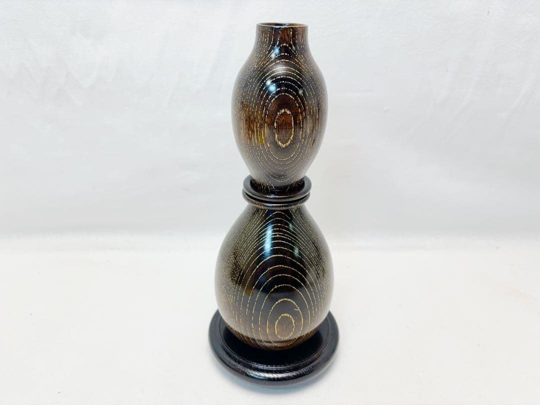 未使用 華道具 福田芳朗作 欅神代塗 沈金 福瓢一輪生 紫檀台付 銅おとし共箱