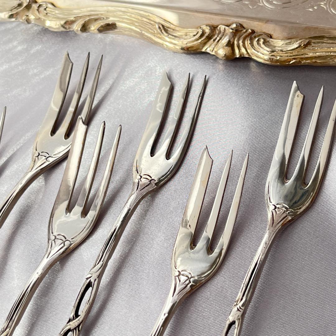 【Adam Manns】 薔薇のケーキフォーク 6本【純銀】ヒルデスハイムローズ