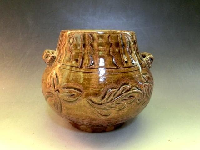 火入れ■飴釉耳付き瓶 古壺 壷 火器 唐草模様 置物 オブジェ 時代物 骨董品■