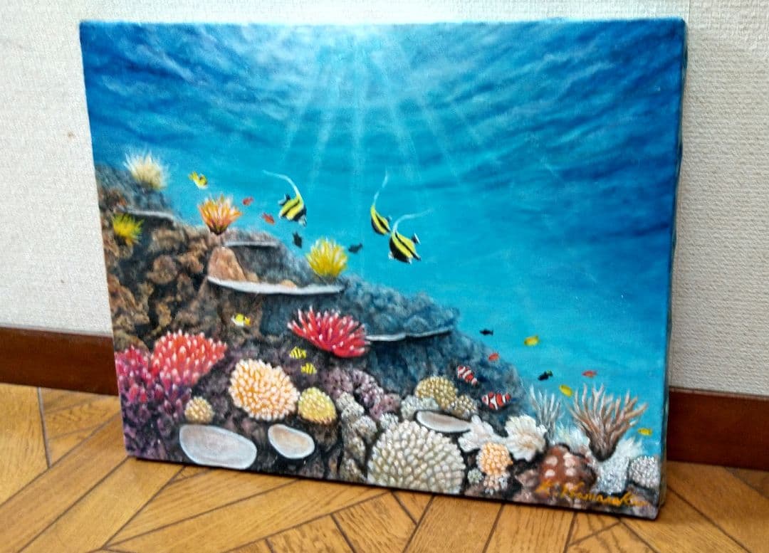 油彩画「魚たちの海中公園」油絵 絵画 原画 F6