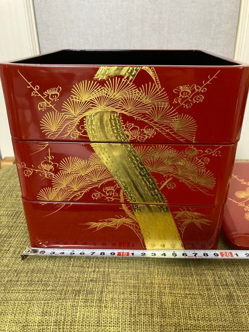 蒔絵　三段重　朱色　おせち