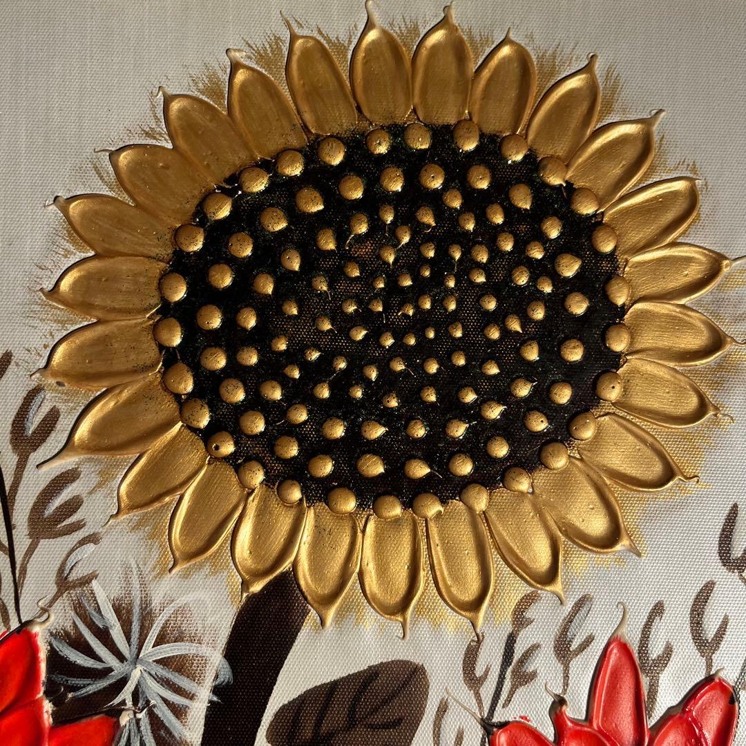 ★秀作★手書き油絵 ゴールドフラワー 絵画 額付き インテリア 油彩画