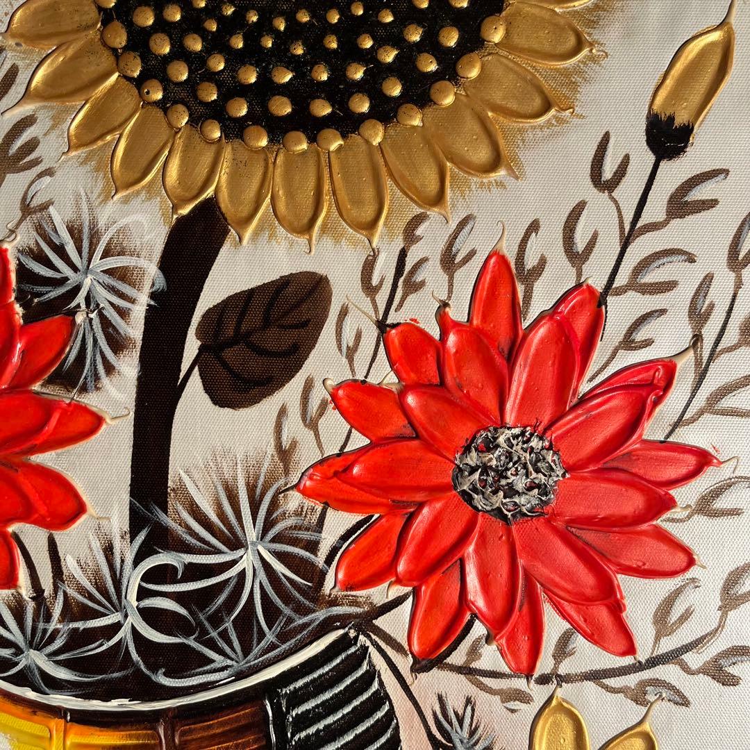 ★秀作★手書き油絵 ゴールドフラワー 絵画 額付き インテリア 油彩画