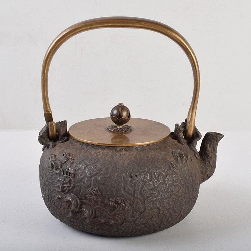 煎茶道具　日本亀文堂　黄銅蓋　山水文　鉄瓶　M　R9274