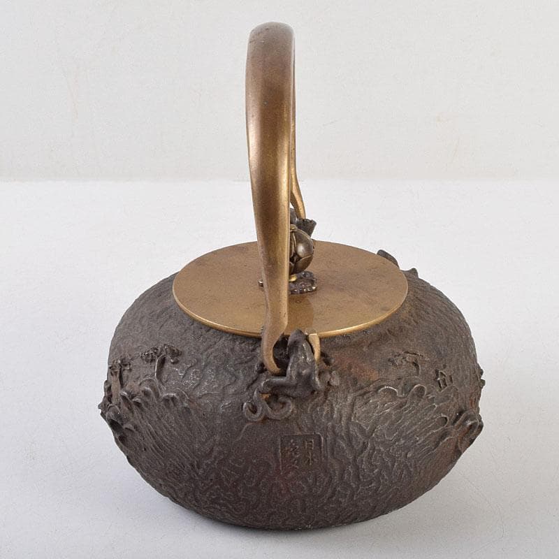 煎茶道具　日本亀文堂　黄銅蓋　山水文　鉄瓶　M　R9274