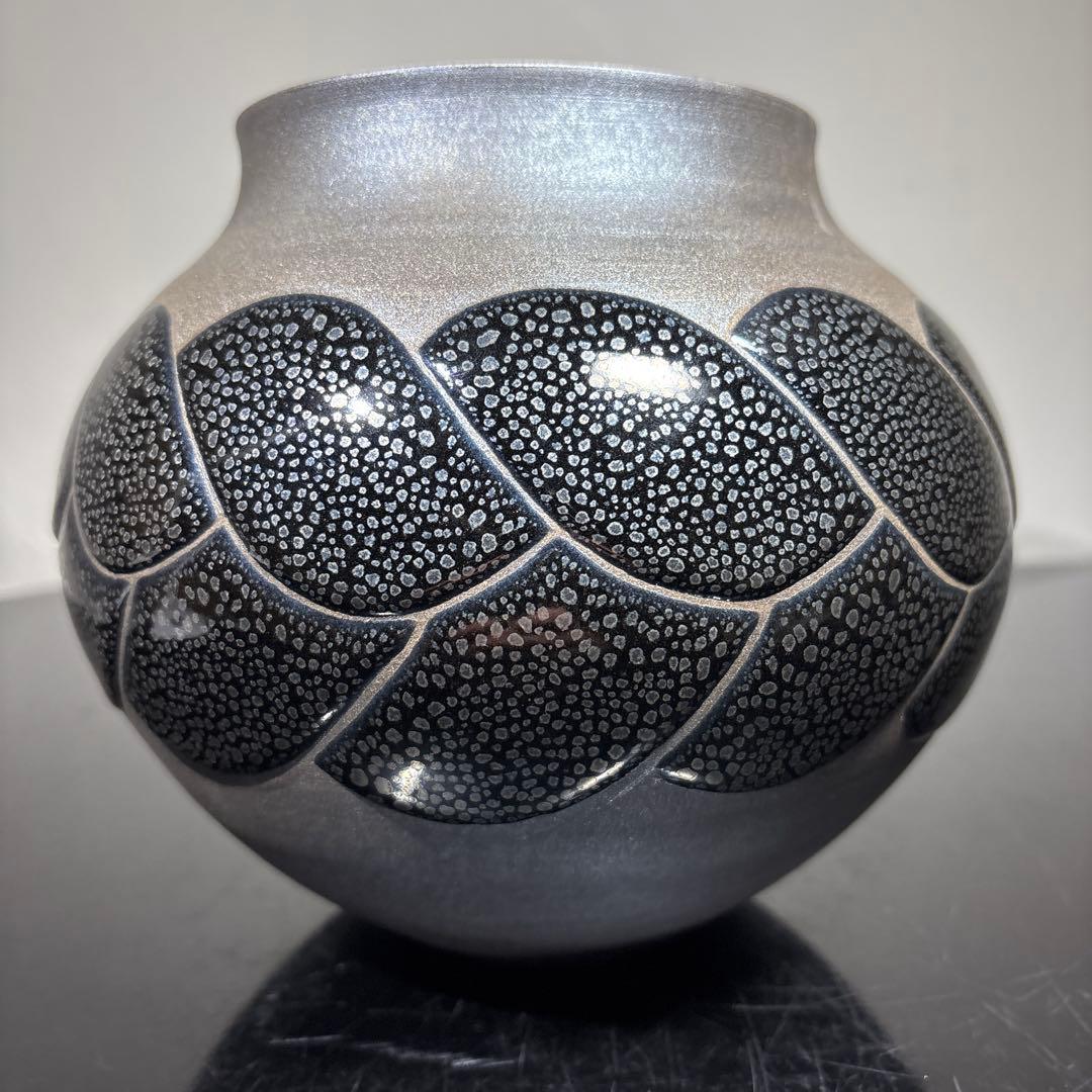 真作　希少作　久田重義　油滴三ッ編文花器